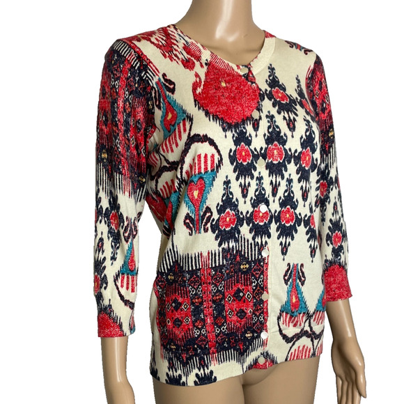 Women's Medium Talbots Abstract Ikat Patterned Cotton Blend Cardigan Sweater - Picture 2 of 4
